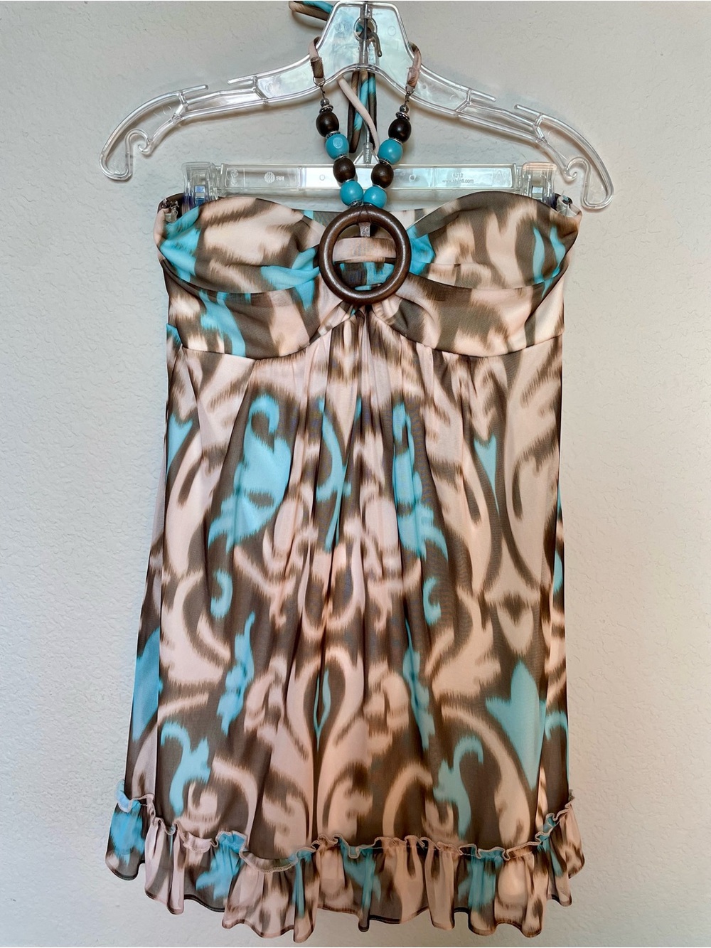 Turquoise and Brown Strapless Sundress with Beaded Ring Detail Medium